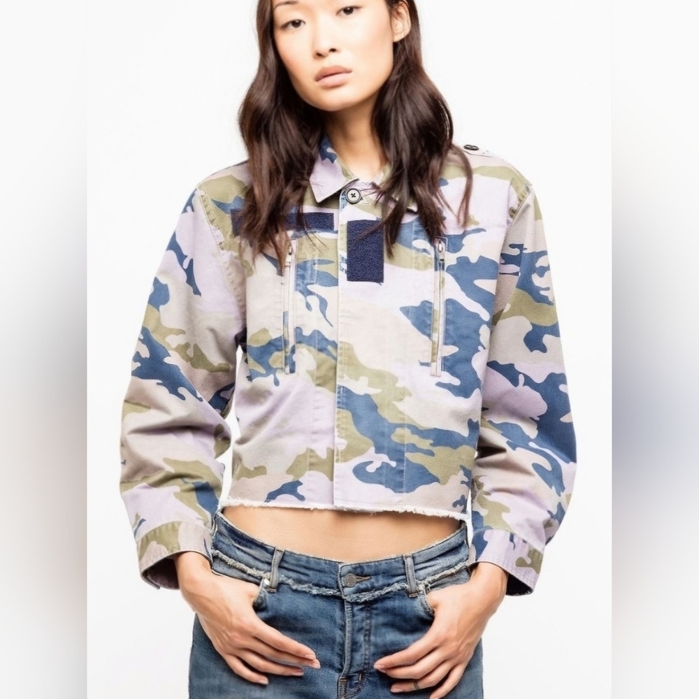 Zadig & Voltaire Cropped Camouflage Jacket, Military Style Zip Pocket Design, S